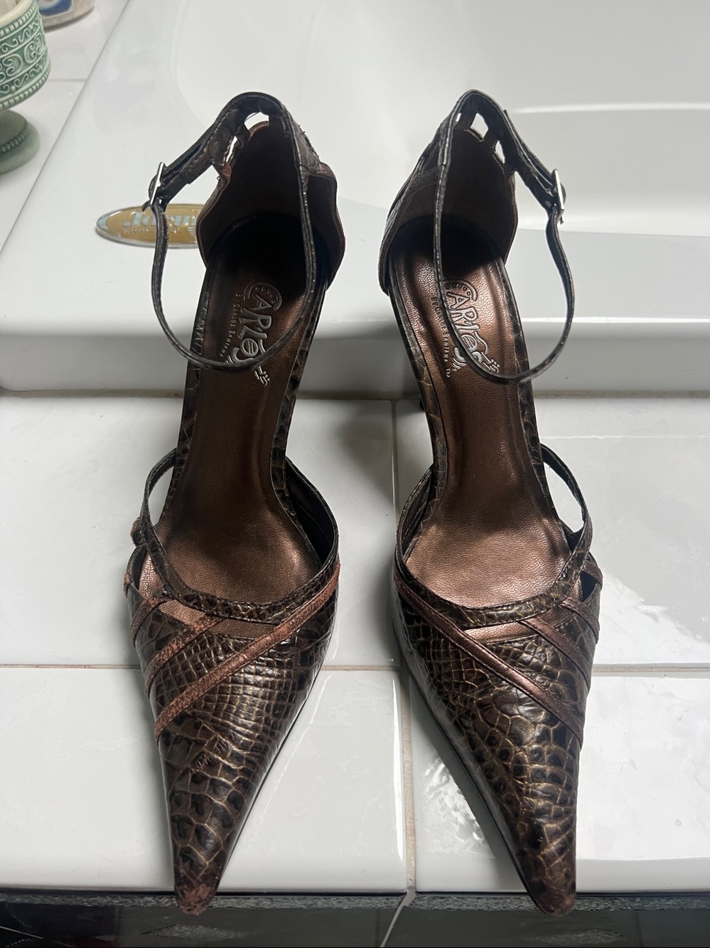 Vintage Carlos Santana Pointed Toe Ankle Strap Metallic Brown Black Size 6.5
